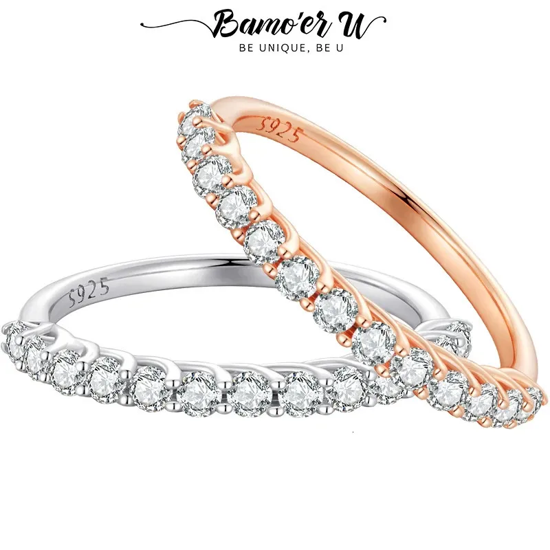 Anéis de casamento U Anel Meia Banda Corte Redondo Anel de Diamante 925 Sterling Silver Dedo Anel Casamento Fine Jewelry Presentes 231208