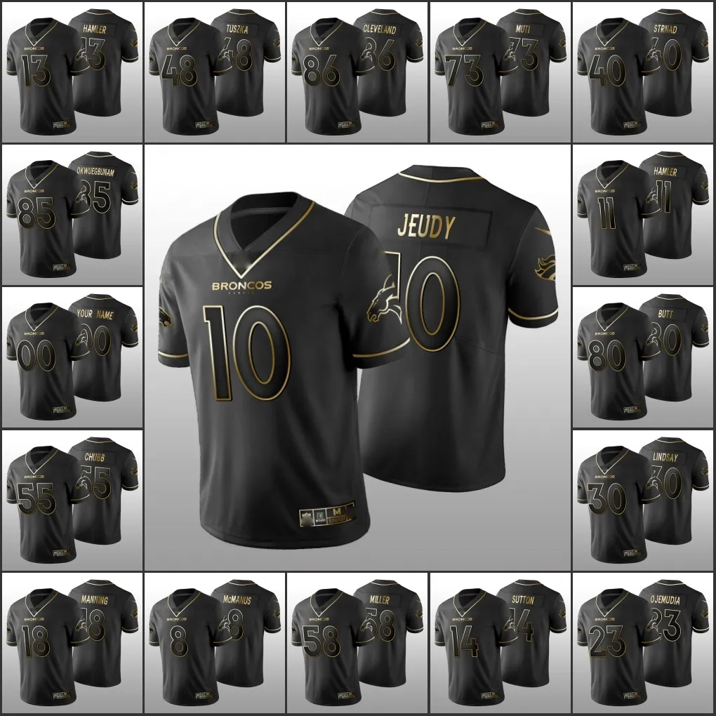 Denver''Broncos''Men 3 Drew Lock 30 Phillip Lindsay 10 Jerry Jeudy 13 Hamler Personnalisé Femmes Jeunes Noir Golden Edition Jersey