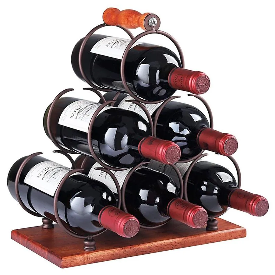 6 زجاجات رجعية خشبية محمولة المعادن المصنوعة من الحديد النبيذ رف كونترتوب خزانة الشرفة -Stand Wine Storage حامل مساحة Saver Pro234o