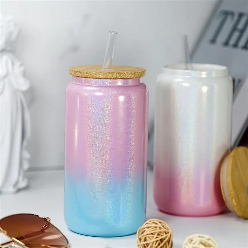 تسامي 16oz Glitter Gradient Glass Can Tumbler Creative Feather bottle with lid and Straw Summer Drinkware Mason Jar Ju2456