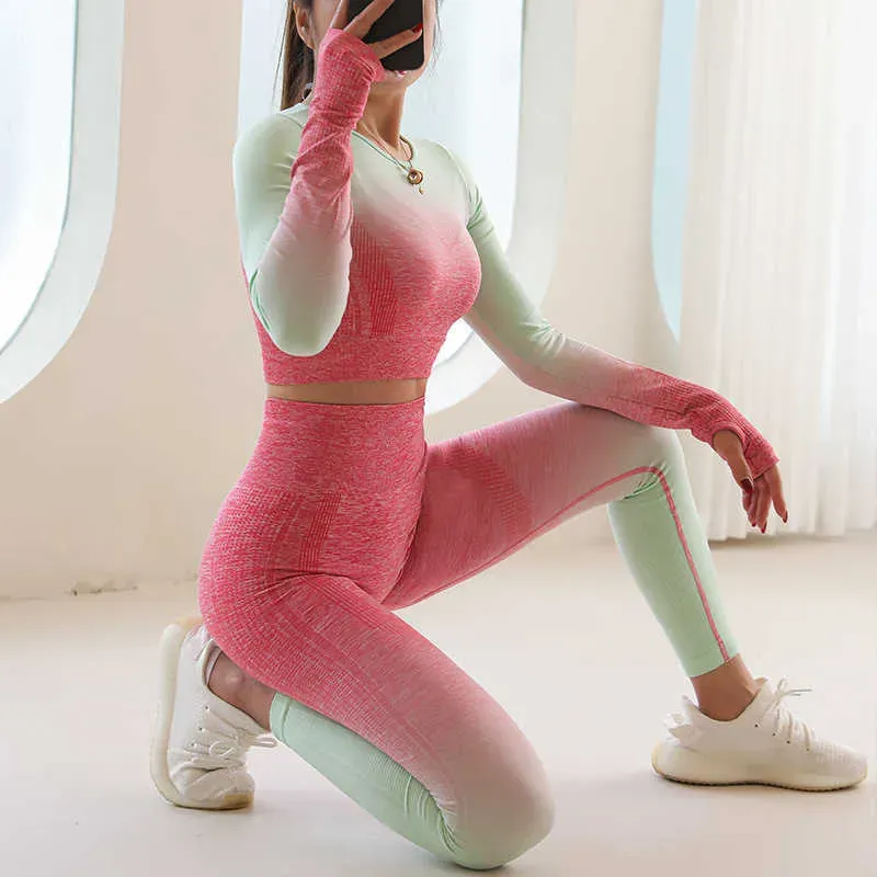 Kvinnors träningsdräkter Kvinnors sömlösa yogaset Gymdräkter Fitnesskläder sportkläder höga midjegengings långärmad skörd topp sportbh tracksuit p230506