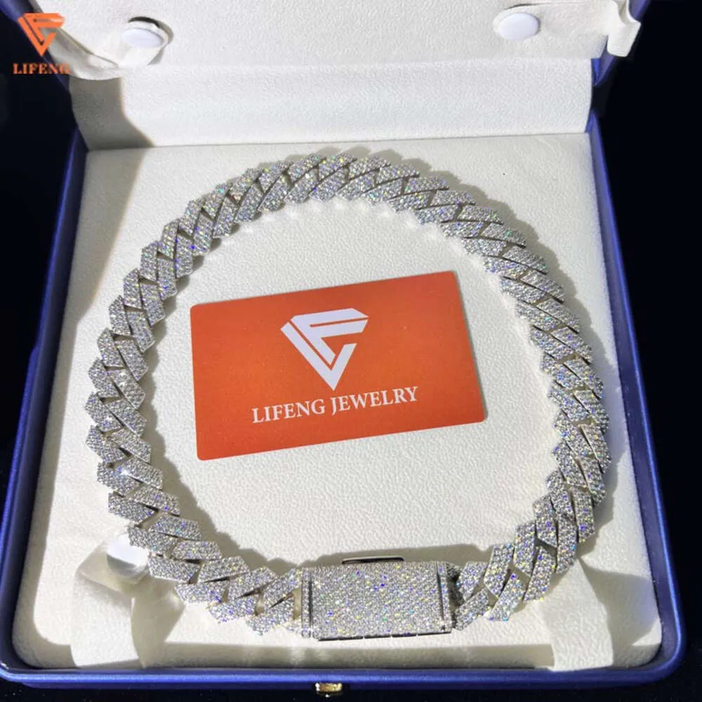 Lifeng smycken 18mm 3 rader Moissanite Cuban Chain Ice Silver Diamond Hiphop Men Cuban Link Chain Necklace
