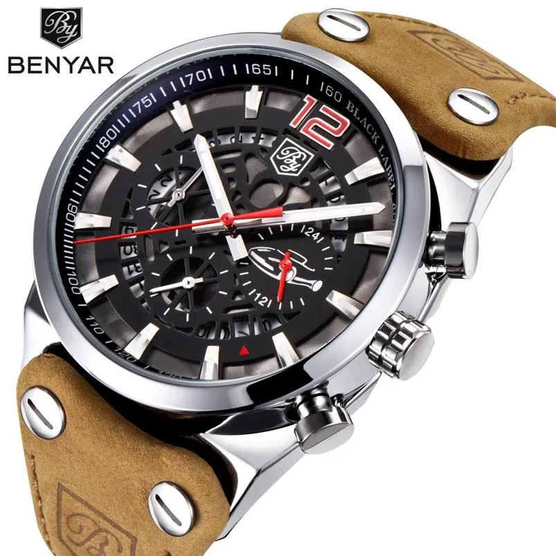 Benyar Chronograph Sport Mens Watches Fashion Brand Military Waterproof Leather Strap Quartz Watch Clock LeLogio Masculino234W