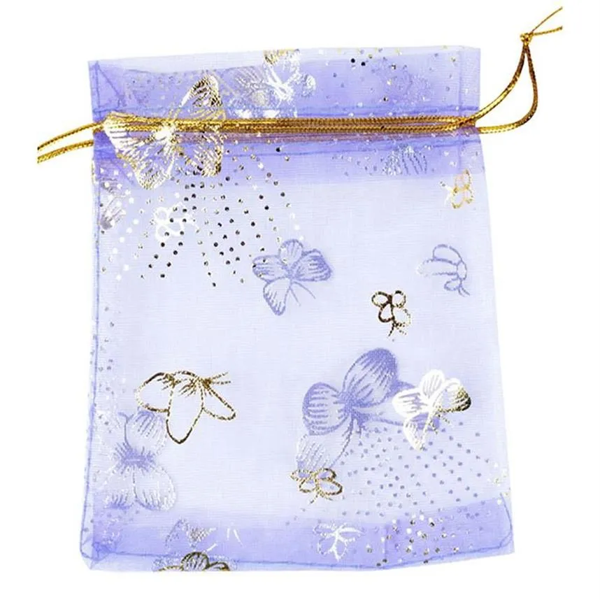10x12cm 100pcs lot Purple Butterfly Print Wedding Candy Bags Jewelry Packing Drawable Organza Bags Party Gift Pouches271r