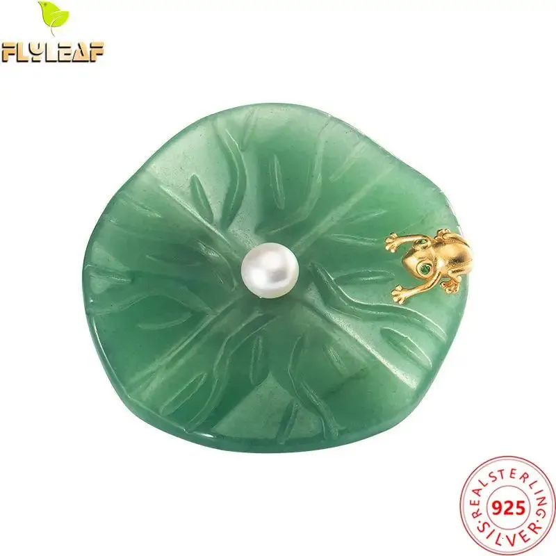 Pins Broches Réel 925 bijoux en argent Sterling naturel feuille de Jade broche grenouille perle broches pour les femmes conception originale accessoires de luxe 231208