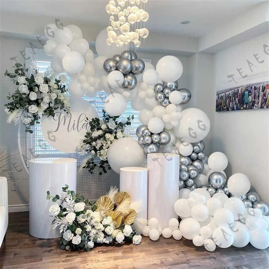 147 pezzi kit arco ghirlanda palloncino argento metallizzato cromato bianco per compleanno decorazione festa nuziale palloncini sposa baby shower X072238O