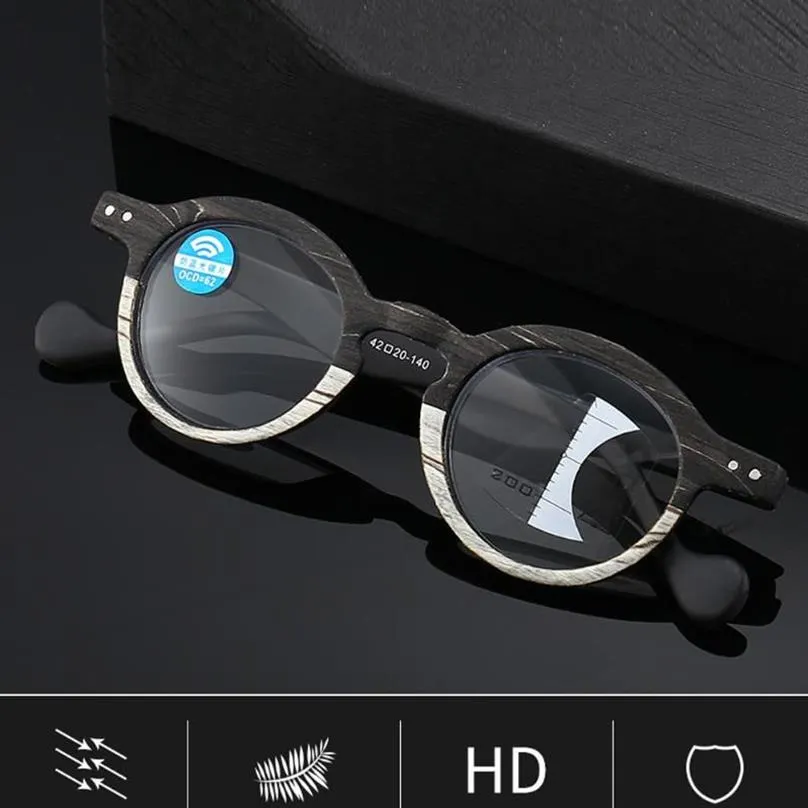 Солнцезащитные очки в стиле ретро, прогрессивные многофокусные очки для чтения с текстурой древесины, для мужчин и женщин, с защитой от синего света, для дальних и близких 1 0 1 5 2 0 до 4 0Sungl244J