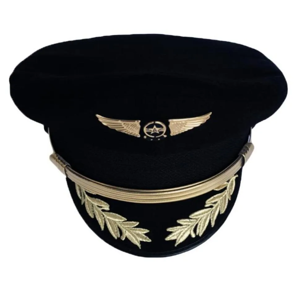 Custom Upscale Pilot Cap Airline Captain Hat Uniform Halloween Party Adult Men Military Hats Black For Women Wide Brim9683289