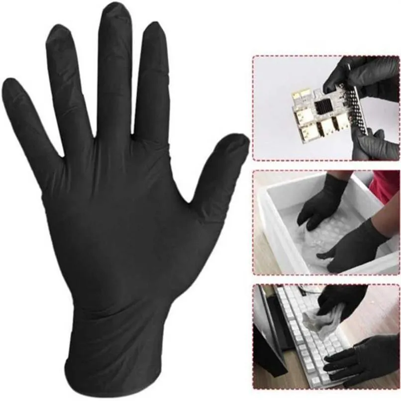 100 unids Guantes de nitrilo desechables negros Limpieza del hogar Guantes de nitrilo Laboratorio Nail Art Guantes antiestáticos 9 pulgadas de longitud T2002028