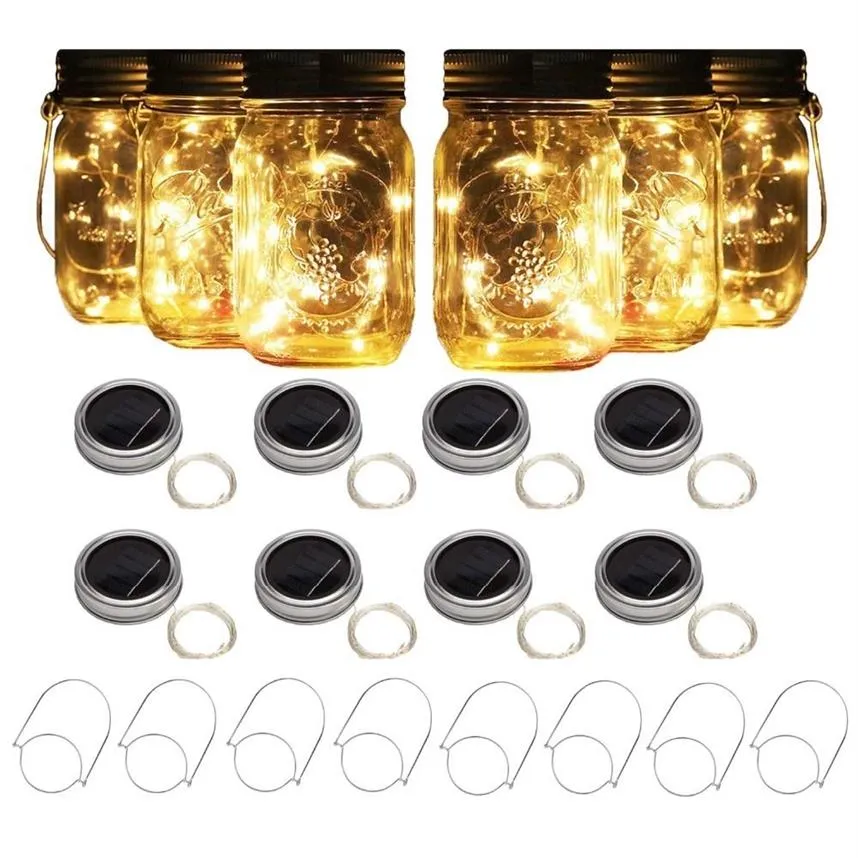 Confezione da 8 luci solari per barattoli di vetro con 8 maniglie 10 stringhe di led luci fata lucciola coperchi inserti per barattoli a bocca normale decorazioni da giardino Y2336a