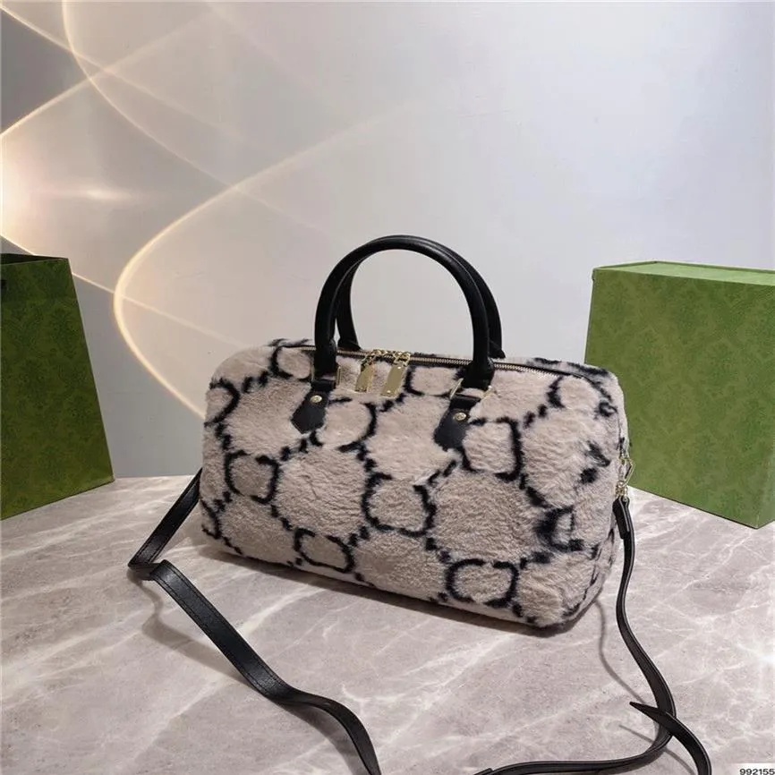 Super soft plush bag 30 22cm Pillow shape women`s Large-capacity handbag Classic Printing Black and Grey white fashion Boston258P