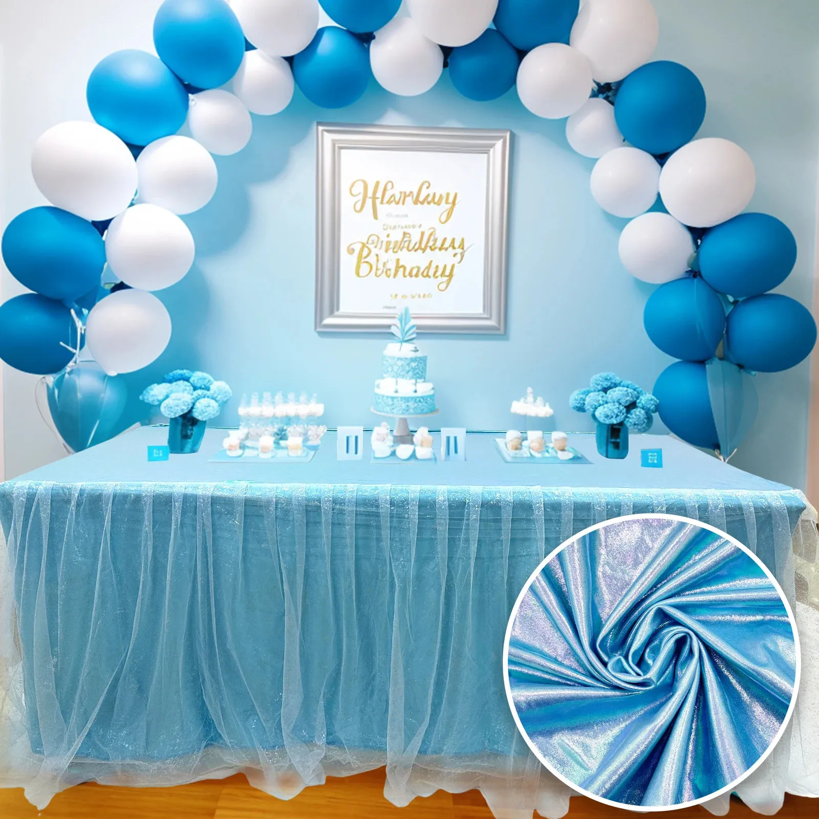 Table Skirt 183X75cm Blue Tulle Tablecloth Wedding Baby Shower Table Skirt Rectangle Ruffle Tutu Table Cloth for Gender Reveal Table Decor 231208