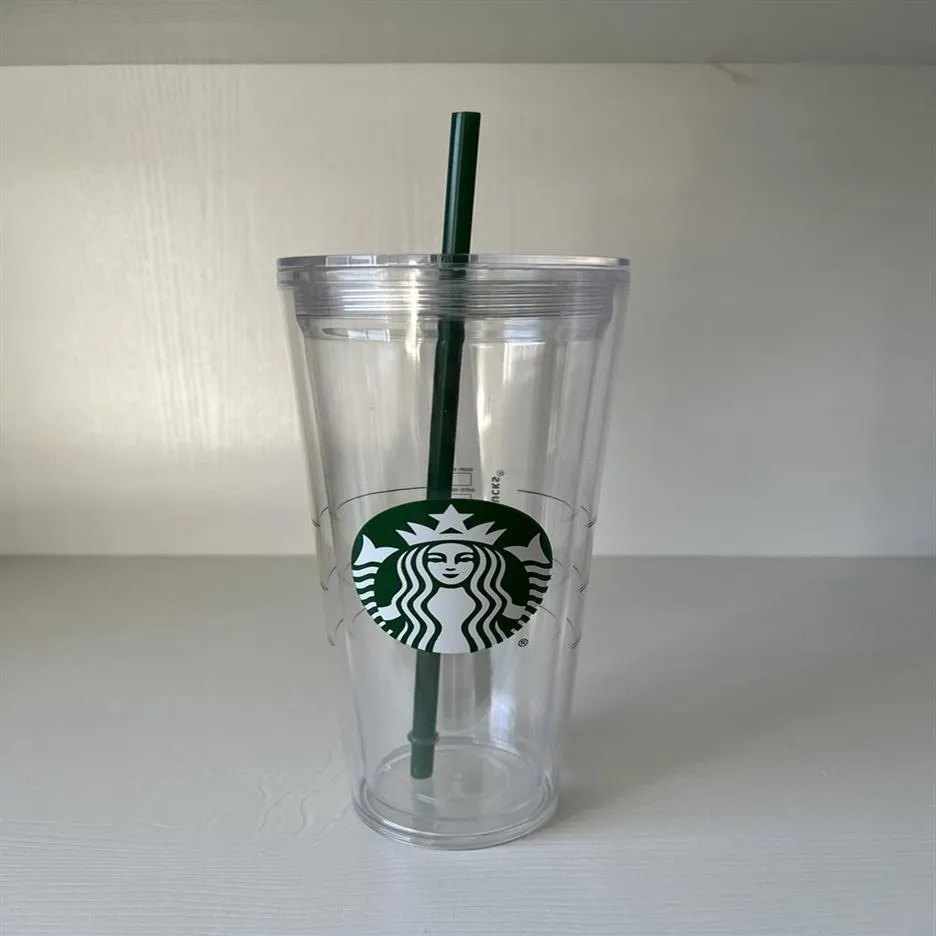 24oz Starbucks Mermaid Mug Tumblers Transparent dubbelskikt Plastisk återanvändbar kopp med lock och Straw308g