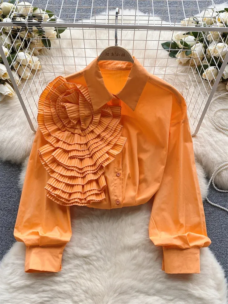 Women's T-Shirt Ruffles French Autumn Shirt Women Solid Long Sleeve Loose Elegant Fashion 2023 Ladies Flower Slim Casual Blouse 2024