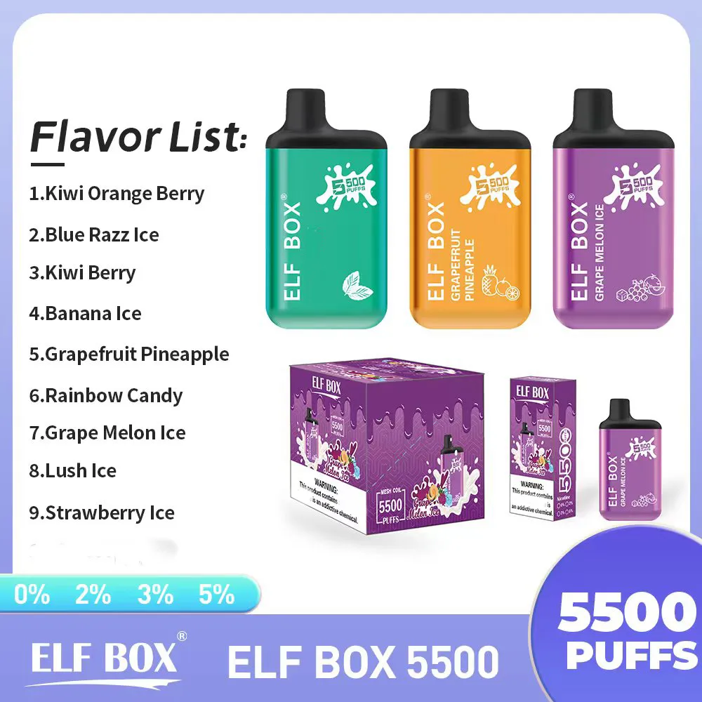 Authentic Elf Box 5500 Puff Disposable Vape 1.2ohm 13ml Pod Type c rechargeable battery 0% 2% 3% 5% 9 flavors of e-cigarette 5500 puffs