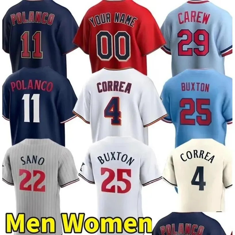 2023 Custom 26 Max Kepler 11 Jorge Polanco Byron Buxton Mens Jersey White Navy Luis Arraez Jose Miranda Carlos Red Kids Baseball Shird Youth