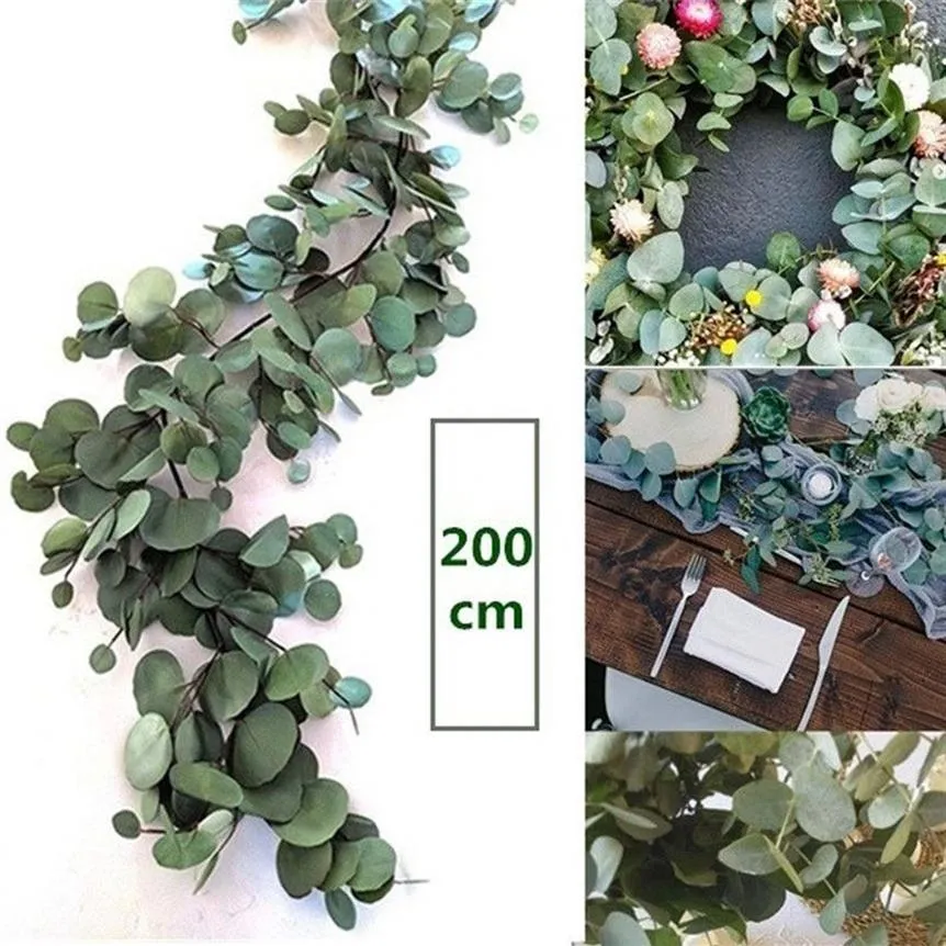 2 m Hochzeitsdekoration, künstliche grüne Eukalyptusranken, Rattan, künstliche Kunstpflanzen, Efeu-Kranz, Wanddekoration, vertikaler Garten 1029226r