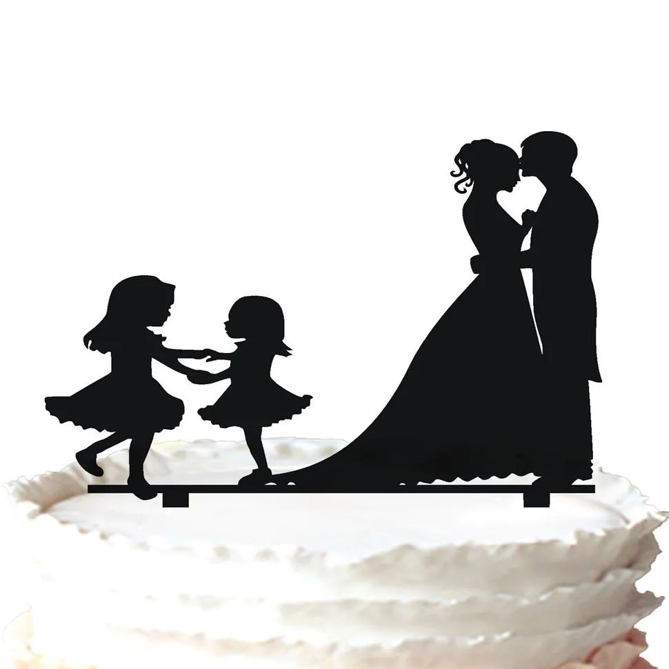 Family wedding cake topper-kissing bride and groom and two girls 37 color for option 194W