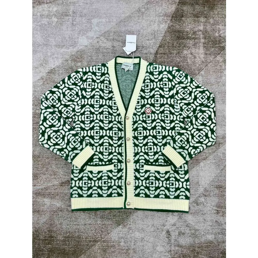 Casablanca V-ringning ull Cardigan Casual Long Sleeved Pocket Sweater Coat Green Casablanc Outwear