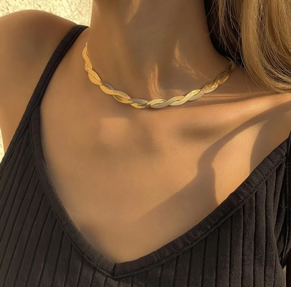Ювелирные изделия женские цепи звено холодного ветра ожерелье сексуальное однослойное обмотка ожерелье из кости простой темперамент тканый металл1806363