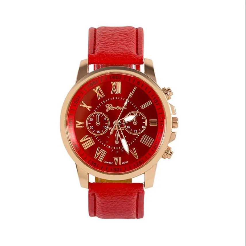 Drei-Subidials-rote Uhr Retro-Genf-Studentenuhren Damen-Quarz-Trend-Armbanduhr mit Lederband197U