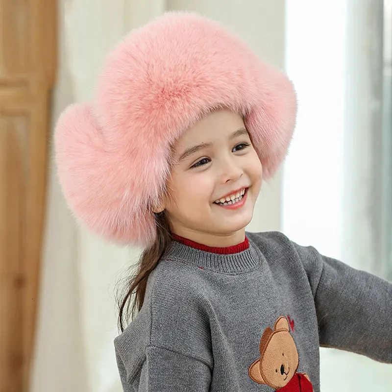 トラッパーの帽子の子供用冬の帽子自然毛皮の帽子ソフトアウトドア風の帽子キッズハットイヤーフラップロシアのキツネの毛皮の帽子231208