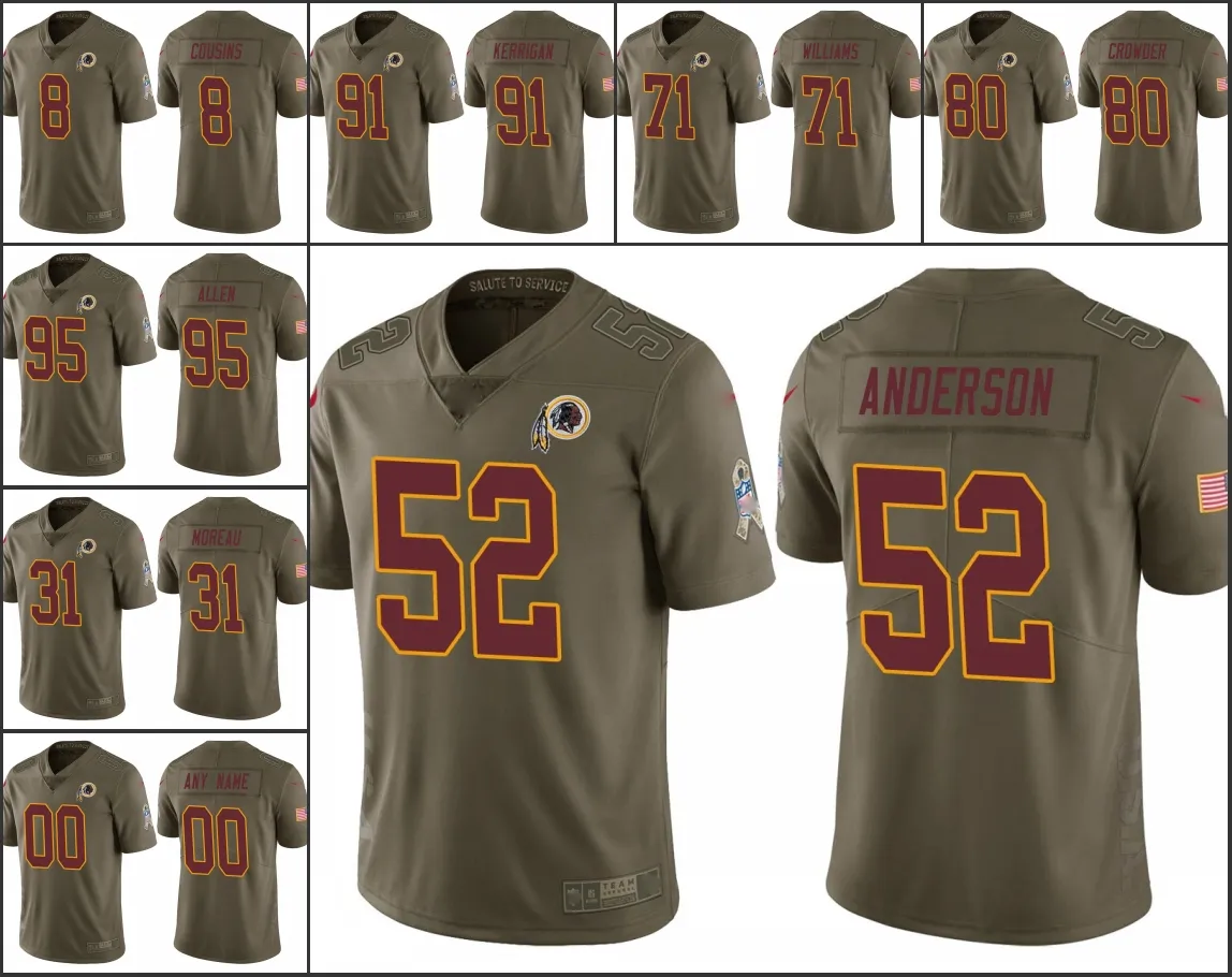 Washington''Commanders''Men 8 Kirk Cousins 91 Ryan Kerrigan 71 Trent Williams Custom Women Youth'' Salute to Service Olive Jersey