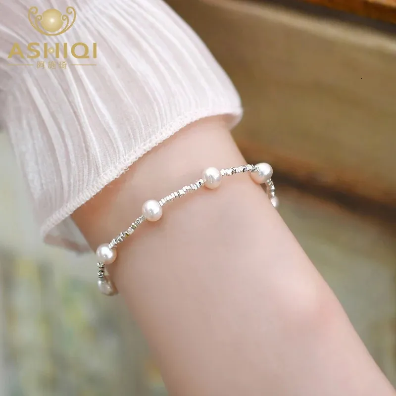 Perlé ASHIQI perle d'eau douce naturelle 925 Bracelet en argent Sterling brillant argent cassé tempérament bijoux de mode pour les femmes 231208