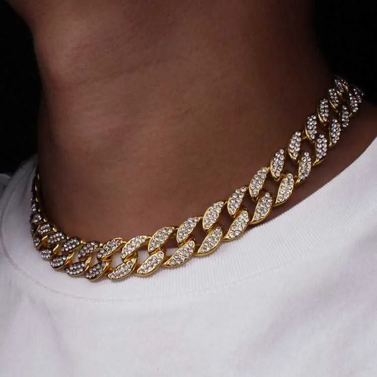 Envío Directo, collar de cadena de eslabones cubanos con diamantes, diamantes de imitación ostentosos, joyería Hiphop