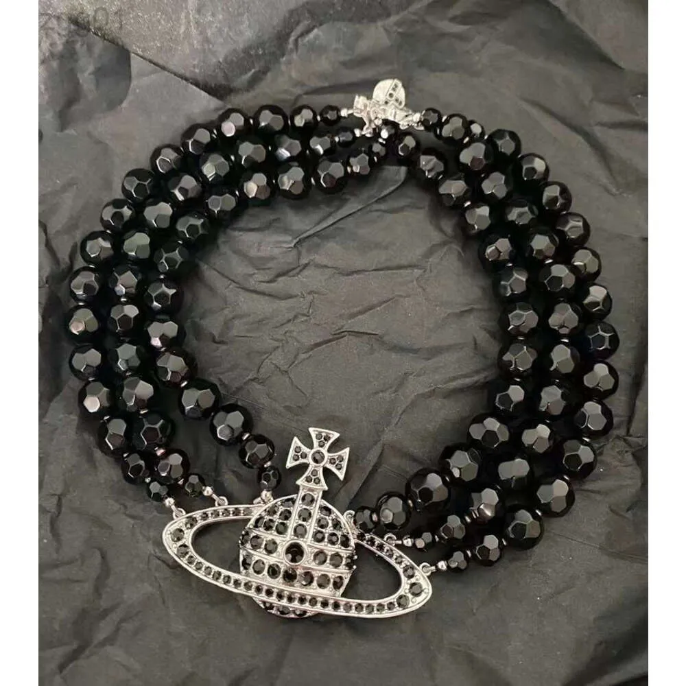 Designer Viviene Westwoods Ny Viviennewestwood Western Empress Dowager Saturn Black Agate Triple Layer Halsband för kvinnor Nana Samma tre cirkel Black Pearl Plan