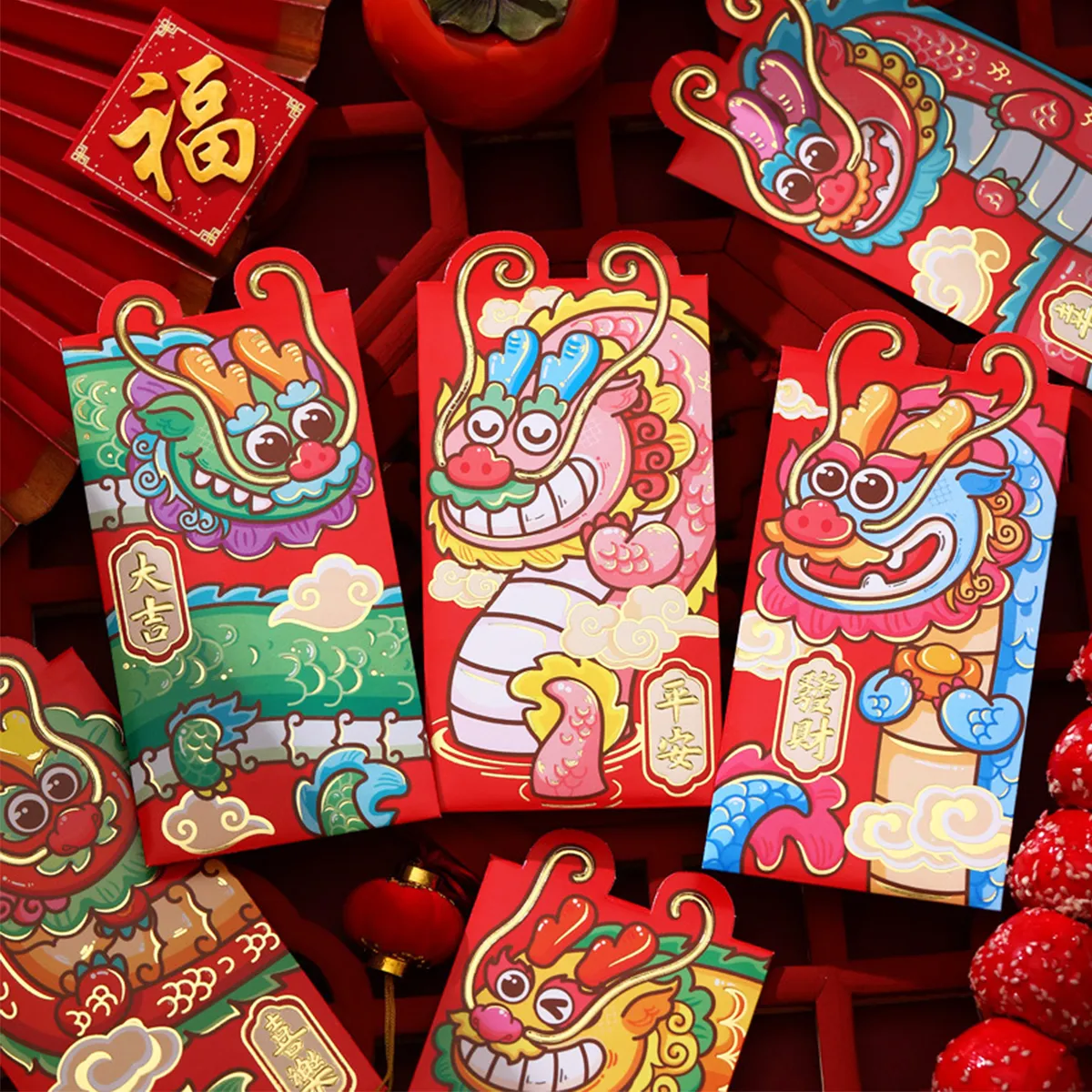 6Pc Chinese New Year Red Envelopes Lunar New Year of Dragon Lucky Money Envelope Packets for 2024 Spring Festival Party Supplies