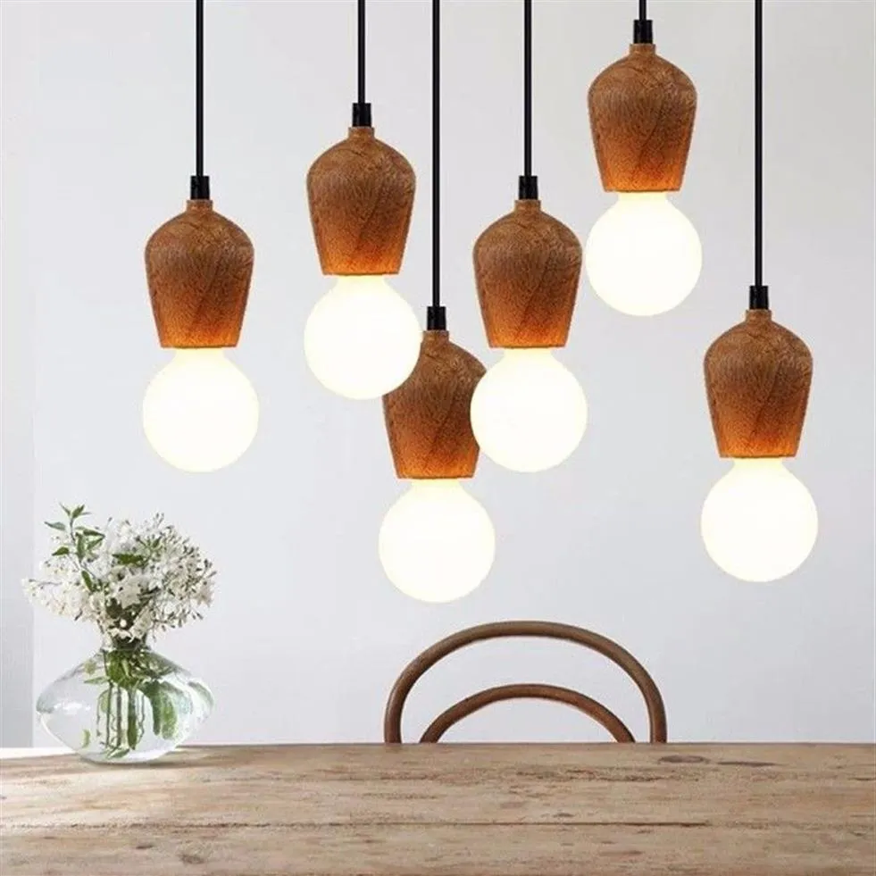 Modern Oak Wood Pendant Lights Vintage Cord Pendant Lamp Hanging Light Fixture Black Wire Edison E27 Bulb Suspension luminaire246h