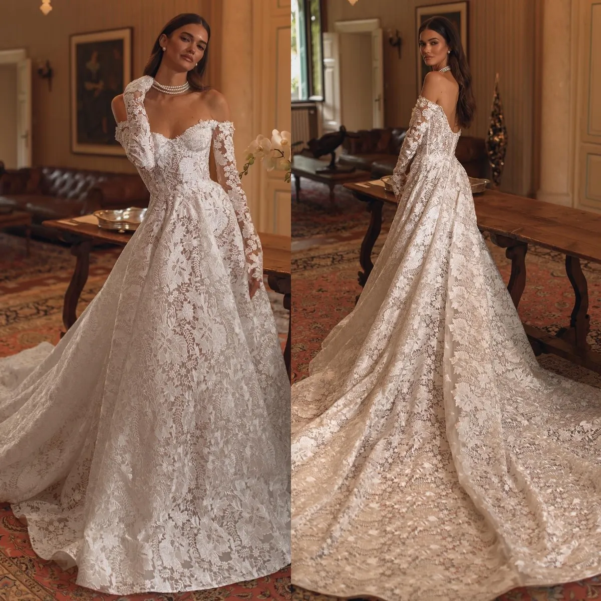 Berta Abiti da sposa linea A in pizzo per la sposa Abito da sposa con spalle scoperte Corpetto in osso Abiti da sposa firmati senza schienale