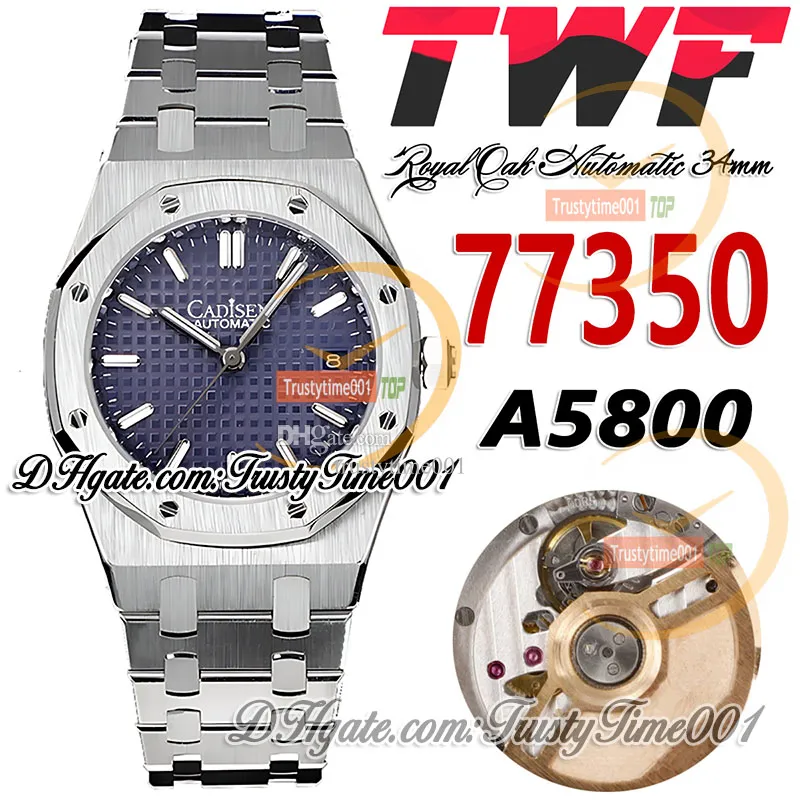 TWF 34mm 77350 A5800 Relógio automático feminino 50º aniversário azul texturizado dial stick marcadores pulseira de aço inoxidável super edição relógios femininos trustytime001