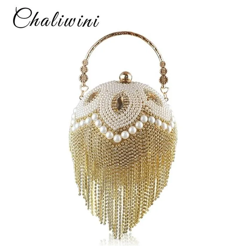 TASSEL Fashion Women Pearl Beaded Crystal Party Evening Bag Bridal Wedding Round Ball handledskoppling handväska handväska 211028299K