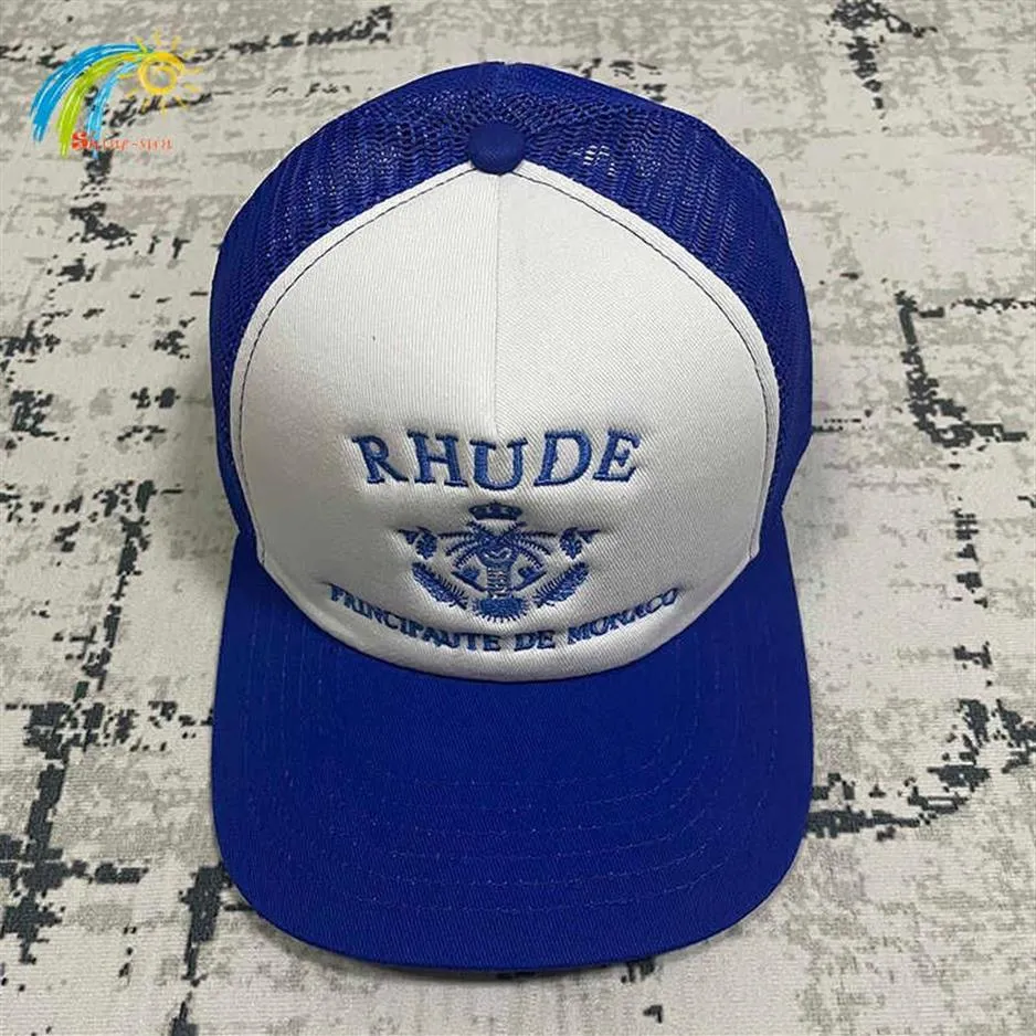 Classic Fashion Blue Letters Crown Embroidery Rhude Hat Men Women Verstelbare zonnebrandcrème Mesh Patchwork Baseball Cap293K