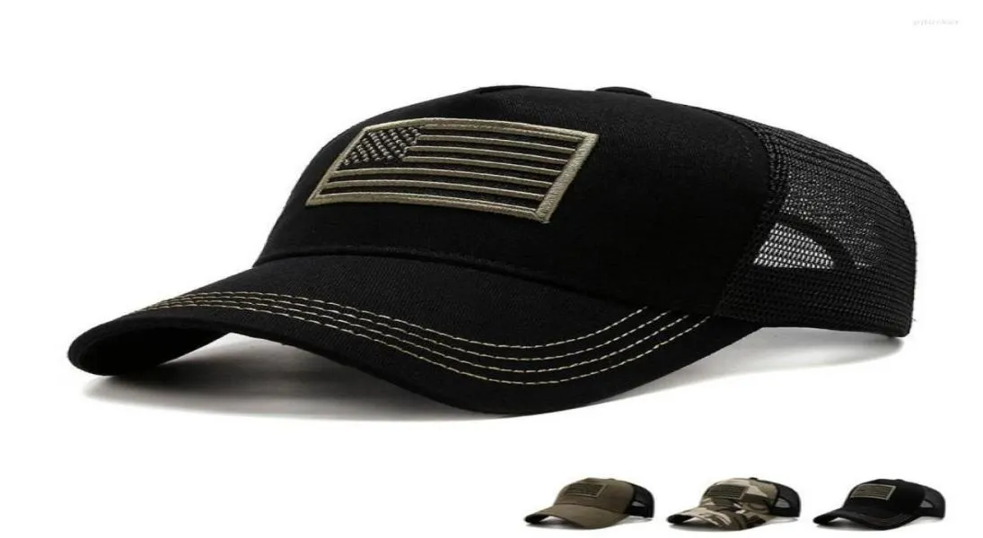 Casquettes de baseball Men39s Camo Mesh Baseball Drapeau américain Broderie Chapeau de camionneur Été Sport de plein air Chapeaux de soleil Militaire Tactique Snapba3798081