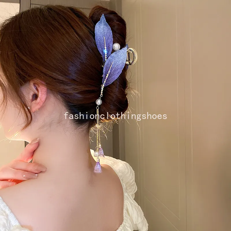 Glitter Paarse Bladeren Haar Clips Vrouwen Elegante Kwasten Haar Klauwen Dames Imitatie Parels Steentjes Klauwen Clips Hoofddeksels