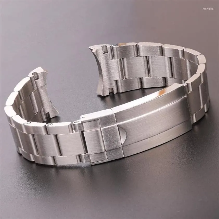 Titta på band 20mm 316L rostfritt stål Watchbands Armband Silver Borstat Metal Curved End Ersättning Link Distribution Clasp Strap2736