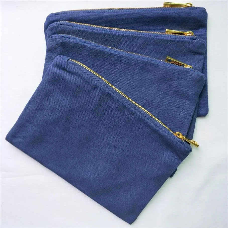 6x9in Blank 12oz Navy Cotton Canvas Makeup Bag With Gold Metal Zip