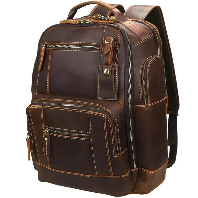 Backpack For Men's Vintage Full Grain Leather 15 6 Inch Laptop Daypack Large Capacity Business Camping Travel 24L Rucksack2294