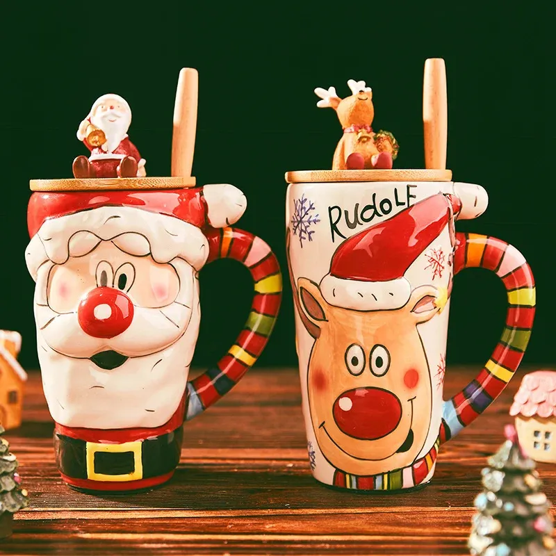 Water Bottles Christmas Ceramic Mug Elk Santa Christmas Gift Couple Cups 600ml Large Capacity Cartoon Office Water Coffee Cup With Lid Spoon 231208