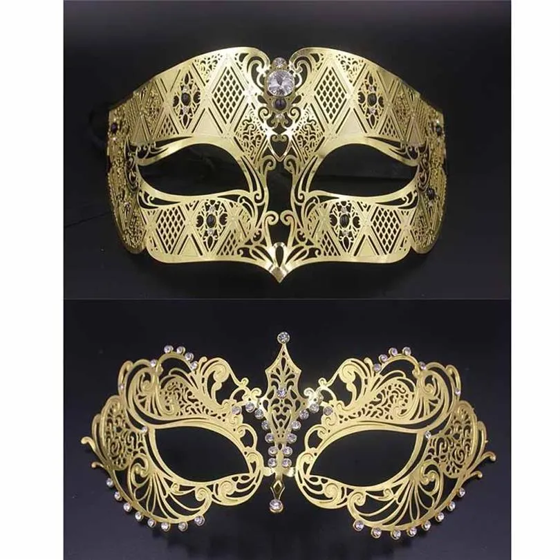 Party Masks Gold Metal Party Mask Phantom Men Women Filigree Venetian Mask Set Masquerade Couple Set Crystal Cosplay Prom Wedding 339y