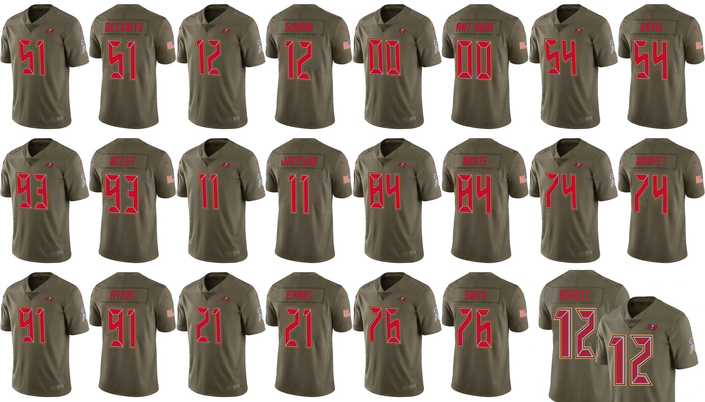 Tampa''Bay''Buccaneers''Men 93 Gerald McCoy 21 Justin Evans 12 Tom Brady Personnalisé Femmes Jeunes Olive Salute to Service Jersey