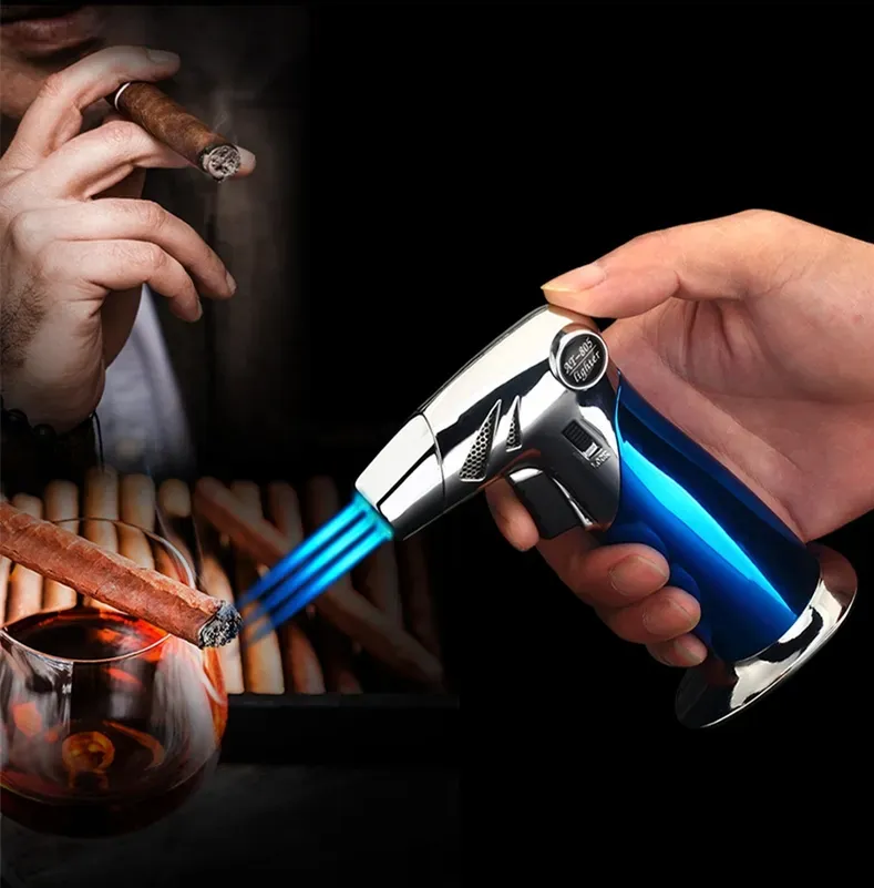 New Arrival Gas  Lighter Outdoor Triple Torch Lighter For Cigar Pipe Powerful Windproof Kitchen Spray Gun Metal Gadgets For Man