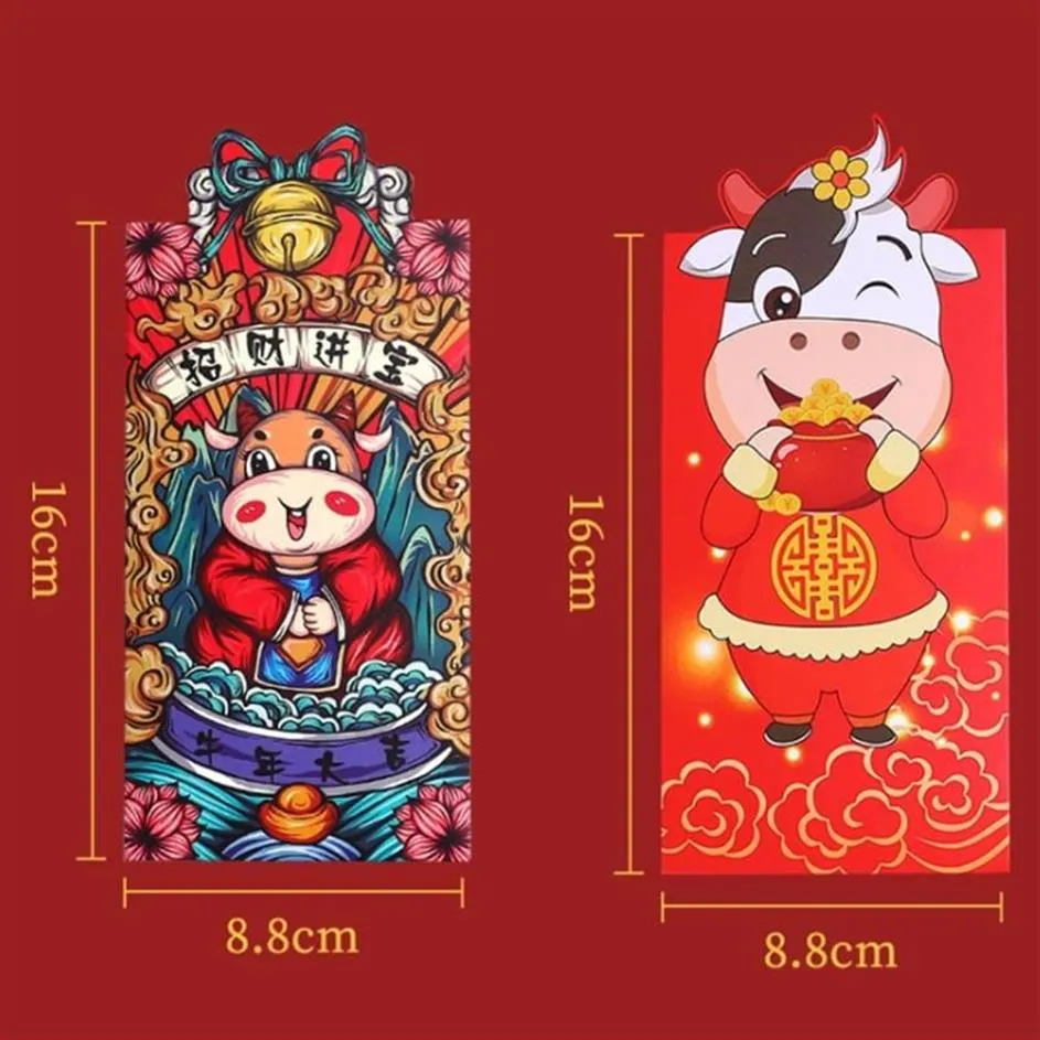 Enveloppes d'argent rouge du nouvel an chinois, ensemble de 6 pièces, année du bœuf, dessin animé, sac d'argent 270T