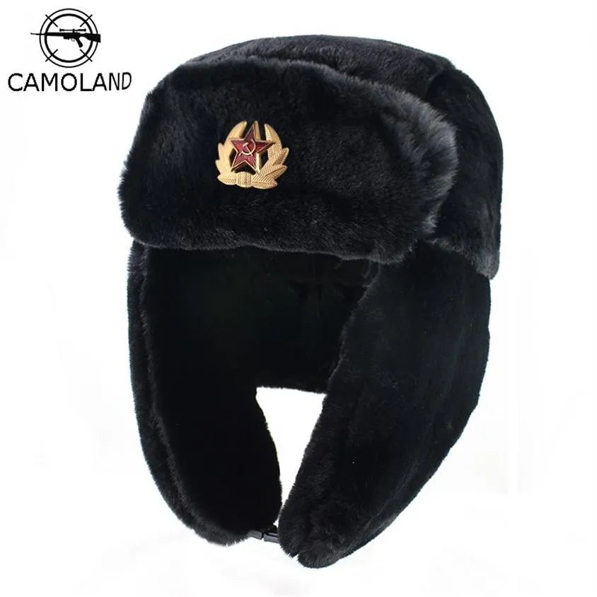 Camoland Sovyet Tuzağı Trooper Trooper Hat Erkek Ordusu Askeri Rus Ushanka Bombacı Şapkası Kış Sıcak Kapakları Pilot Sahte Sahte Tavşan Kürk Earsflap T3162