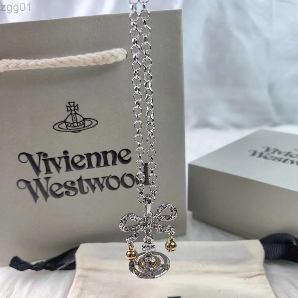 المصمم Viviene Westwoods New Viviennewestwood Empress Dowager XI's 3D Saturn Bow Bell Necklace Light Fashury Planet Neclace High Edition