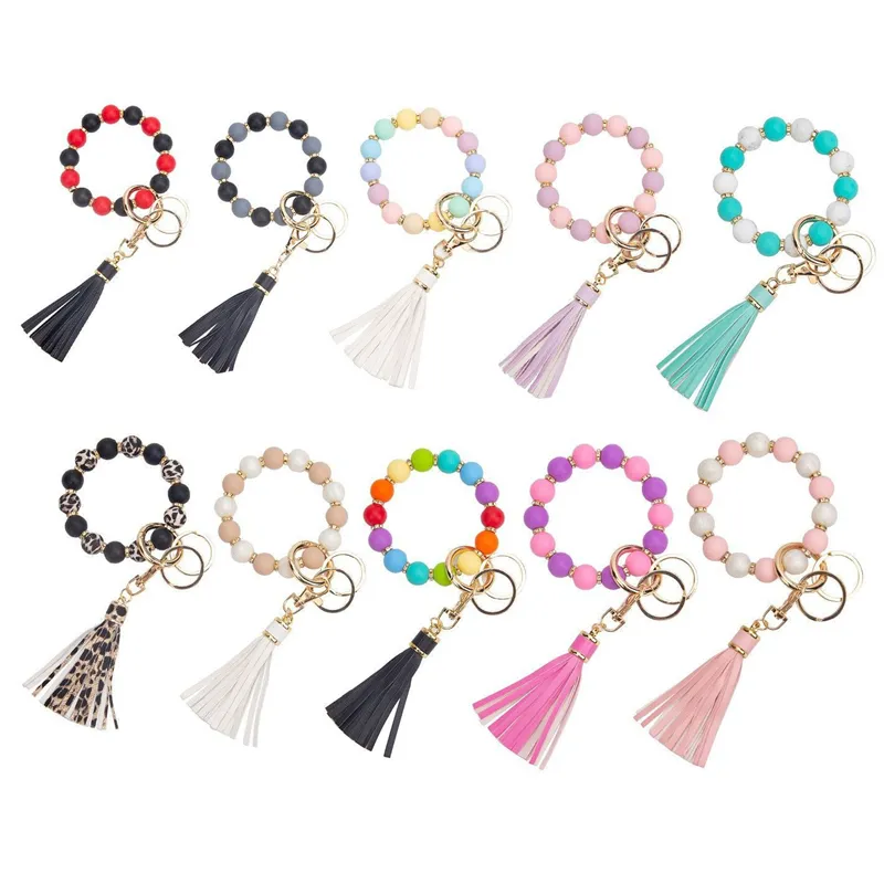 Bracelet de perles en Silicone, porte-clés en PU, pompon, pendentif, P172