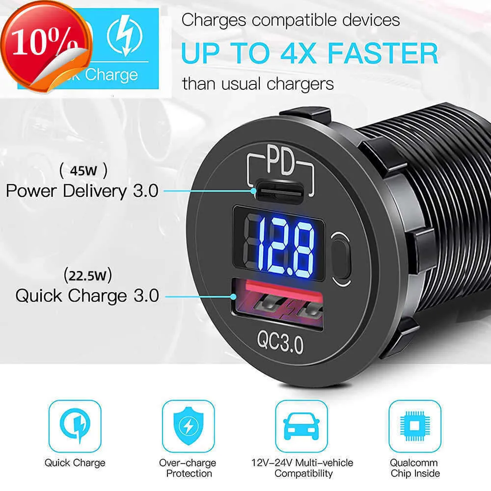 12V USB Outlet, Quick Charge 3.0 Dual USB Car Charger with Contact Switch  and Voltmeter for 12V/24V Motorcycle Car Truck